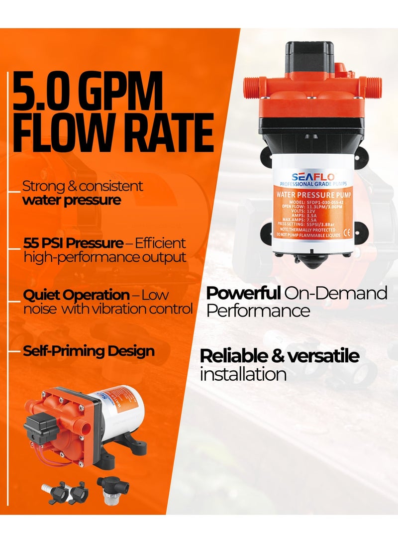 SEAFLO 42 Series RV & Marine Diaphragm Water Pump 12V/24V | 5.0 GPM | 55 PSI | Self-Priming DC Water Pump - Image 3