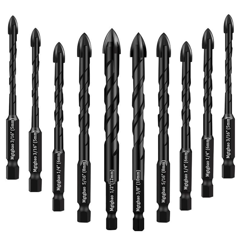 Mgtgbao Concrete Drill Bit Set 10pcs Masonry Drill Bits Set Carbide Tip for Glass Brick Tile Concrete Plastic and Wood with Size 316 5mm14 6mm 516 8mm38 10mm 12 12mm
