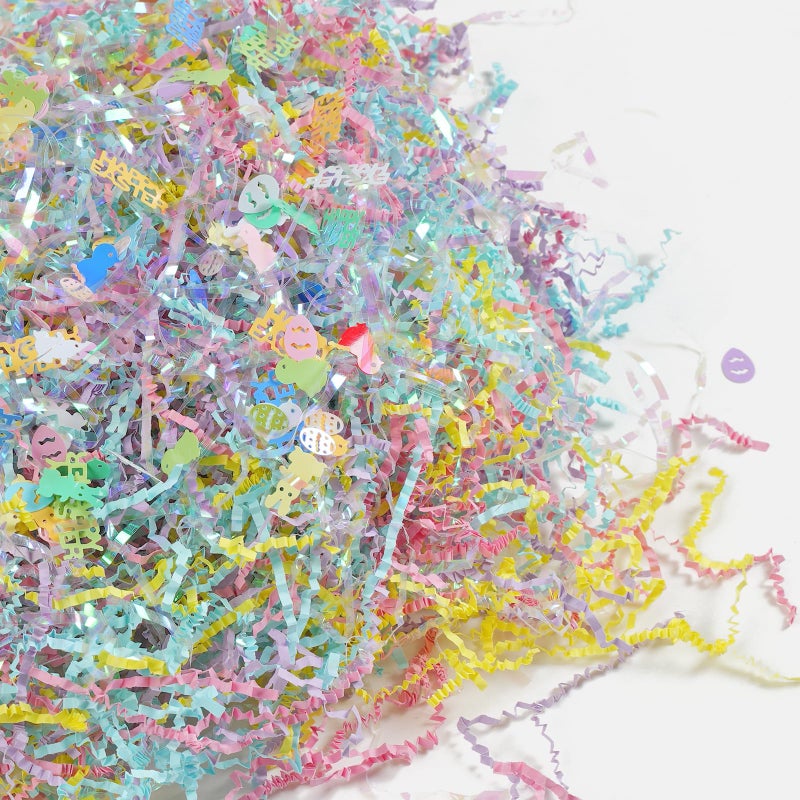 CIPOWM 16oz Easter Grass Crinkle Cut Paper Shred, Iridescent Multicolor Raffia Paper Shred Filler with Easter Confetti Shredded Paper Grass for Gift Wrapping Craft DIY Gift Bag Box Filling Party Supply - Image 2