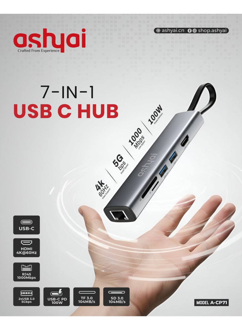 7-in-1 Multiport Usb-C Hub CP-71 ,Dual USB 3.0 Ports,SD & TF Card Readers,Gigabit Ethernet (RJ45),4K HDMI Output (60Hz)