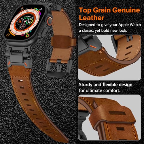 KADES Top Grain Genuine Leather Band for Apple Watch Ultra 3/2/1 49mm Men, Metal Connectors for Apple Watch Series 11/10/SE3/9/8/7/SE2/6/5/4/SE/3/2/1 46mm 45mm 44mm 42mm, Black/Brown - Image 4