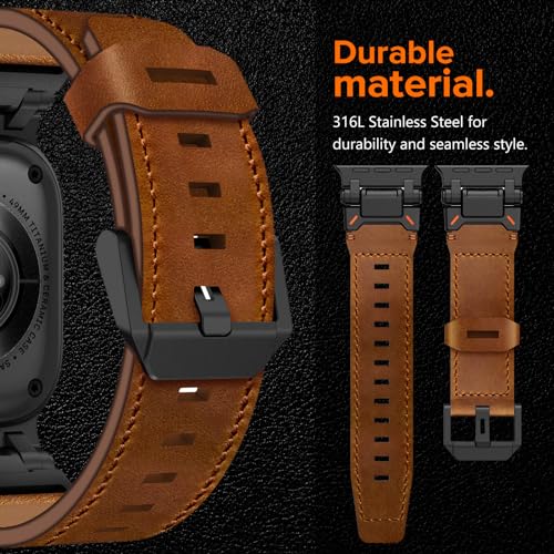 KADES Top Grain Genuine Leather Band for Apple Watch Ultra 3/2/1 49mm Men, Metal Connectors for Apple Watch Series 11/10/SE3/9/8/7/SE2/6/5/4/SE/3/2/1 46mm 45mm 44mm 42mm, Black/Brown - Image 5