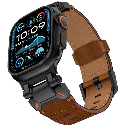 KADES Top Grain Genuine Leather Band for Apple Watch Ultra 3/2/1 49mm Men, Metal Connectors for Apple Watch Series 11/10/SE3/9/8/7/SE2/6/5/4/SE/3/2/1 46mm 45mm 44mm 42mm, Black/Brown - Image 1