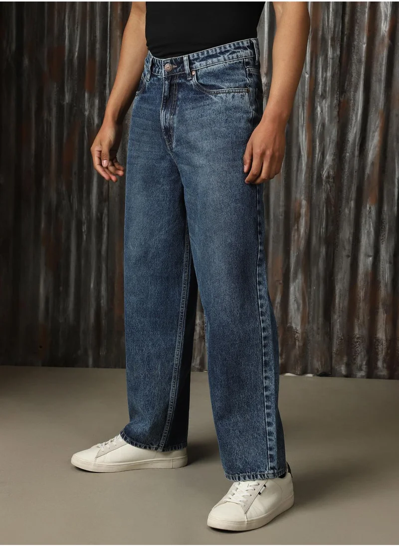 HIGH STAR Men's Indigo 100% Cotton Distressed Full Length Loose Fit Jeans