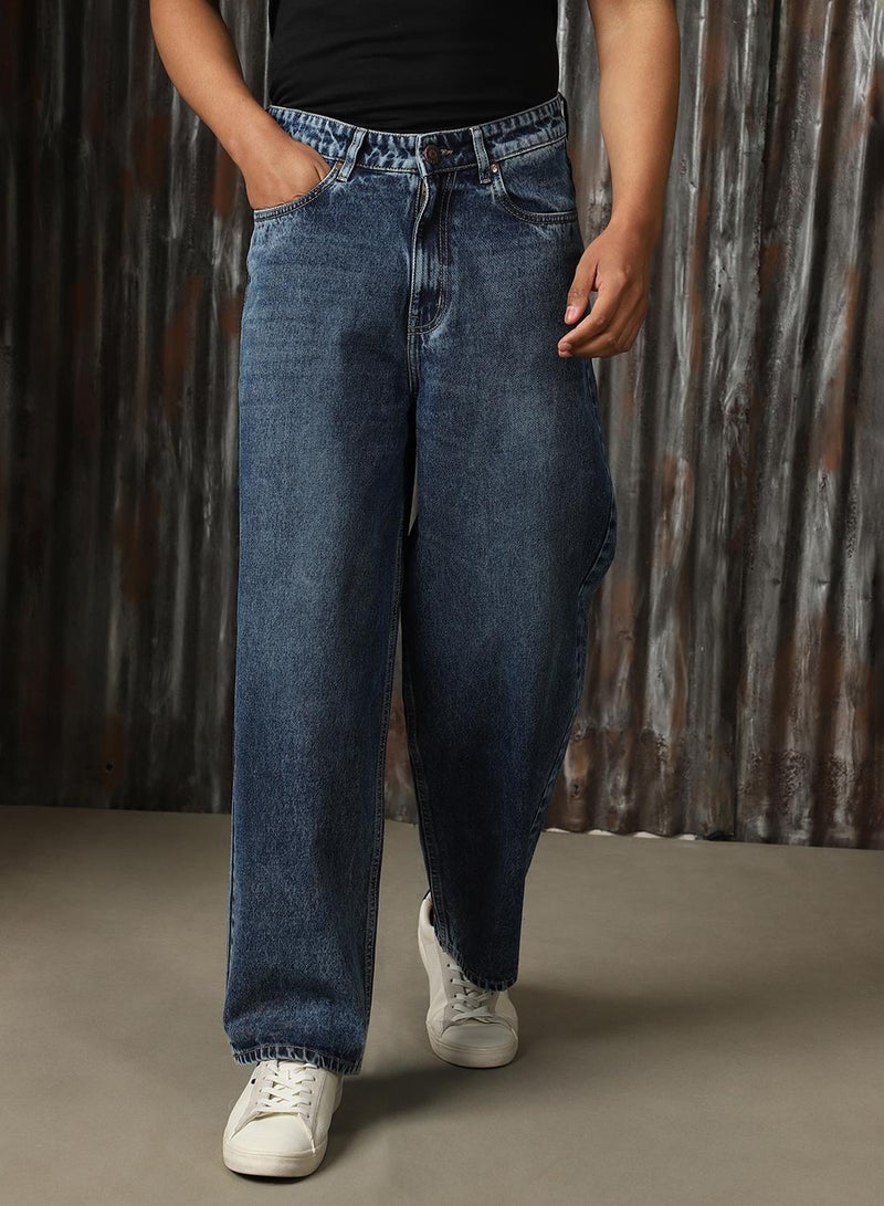 HIGH STAR Men's Indigo 100% Cotton Distressed Full Length Loose Fit Jeans  - Image 5
