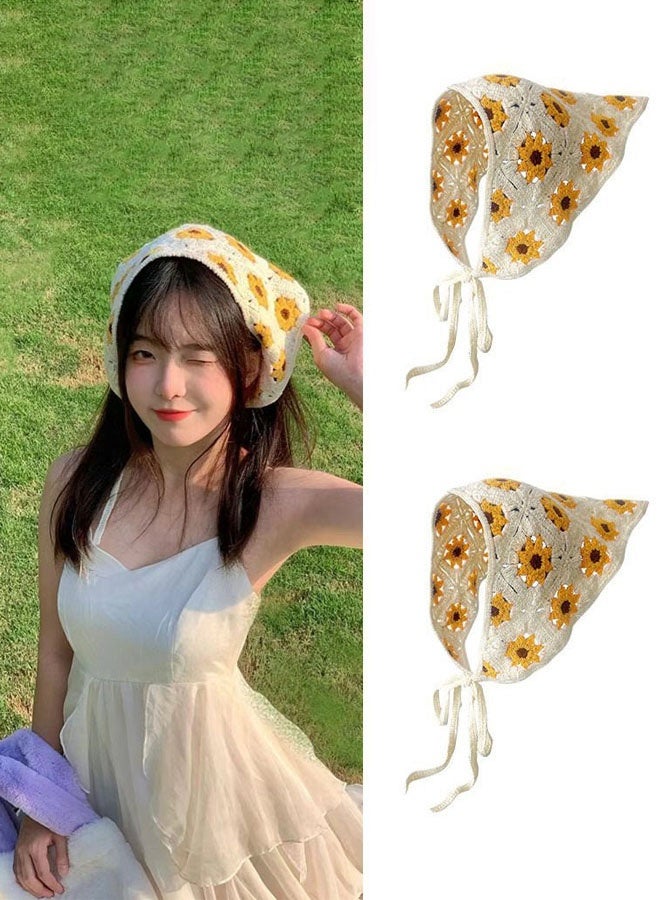 Hanayo 2 قطع من وشاح الشعر إكسسوارات شعر مزهرة وشاح رأس محبوك غطاء رأس ديزي للفتيات والنساء (أصفر) - Image 2