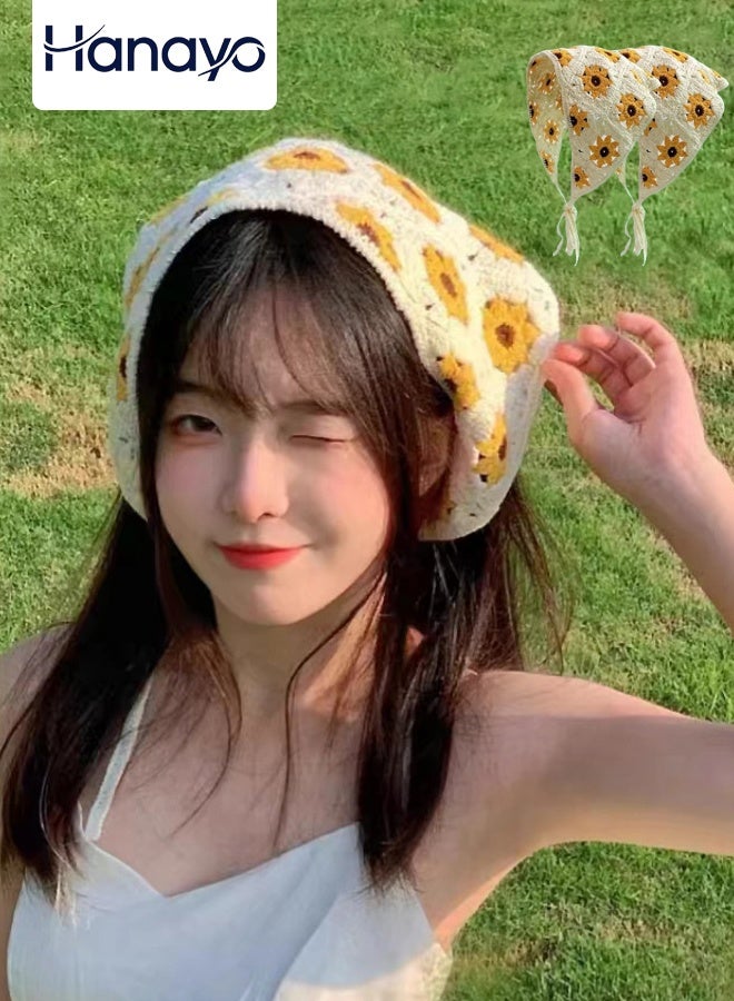 Hanayo 2 قطع من وشاح الشعر إكسسوارات شعر مزهرة وشاح رأس محبوك غطاء رأس ديزي للفتيات والنساء (أصفر) - Image 1