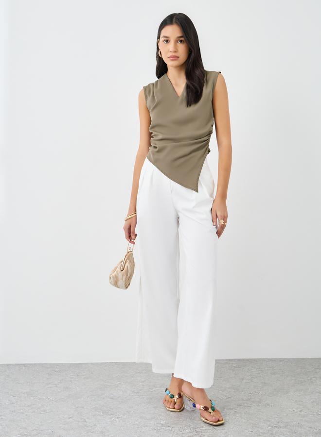 Styli Women Brown Asymmetric Hem V Neck Blouse - Image 2