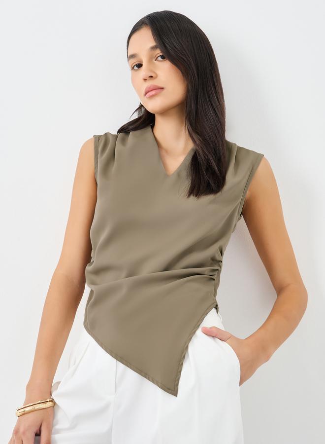 Styli Women Brown Asymmetric Hem V Neck Blouse - Image 1