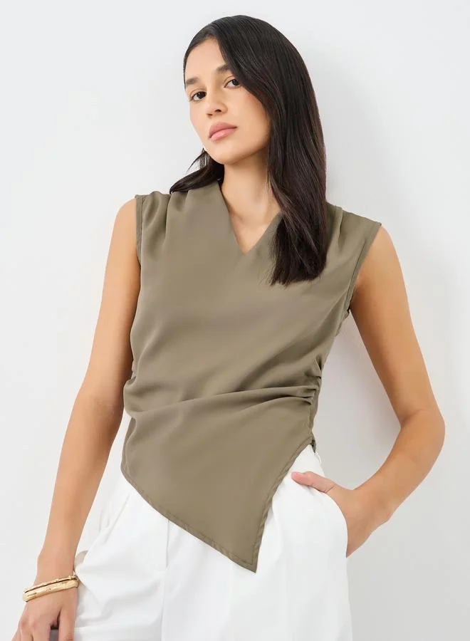 Styli Women Brown Asymmetric Hem V Neck Blouse