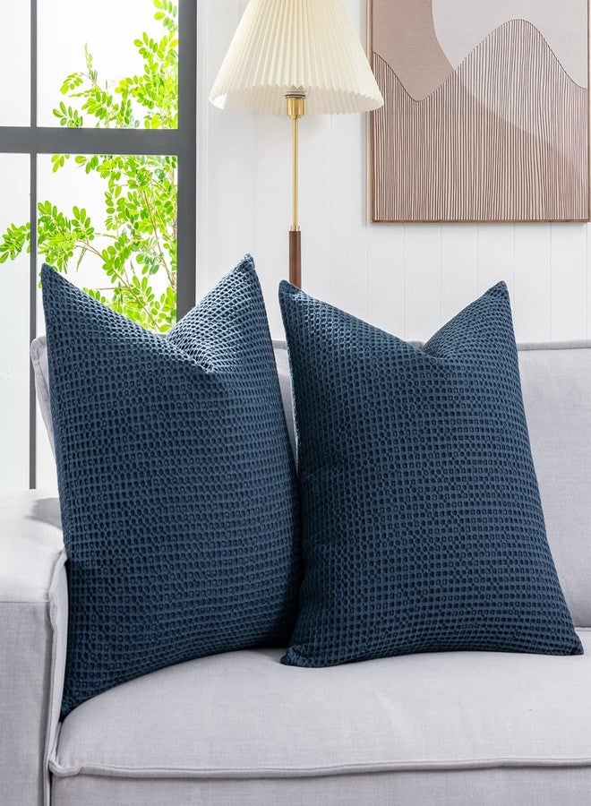 COCOPLOCEUS Pillow Covers 26x26 Set of 2 Cotton Euro Shams with Hidden Zipper Wrinkle Resistant Breathable Decorative Waffle Weave Pillowcases for Couch, Sofa, Bedroom Car, Dark Blue - Image 3