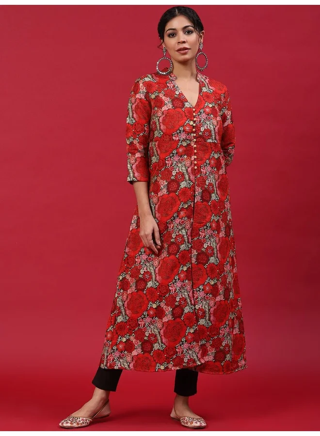 AKS Red Floral Printed A-Line Kurta