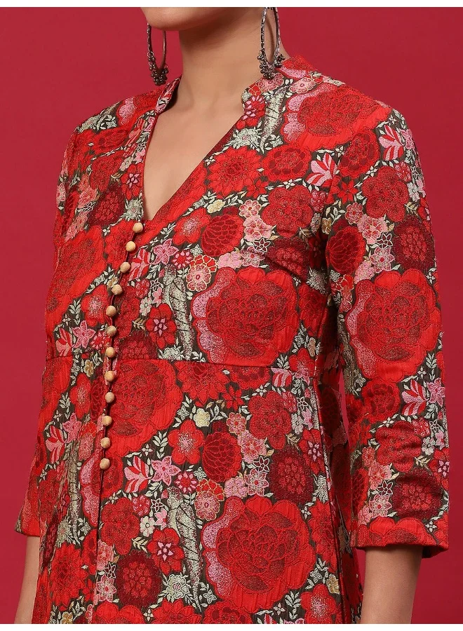 AKS Red Floral Printed A-Line Kurta