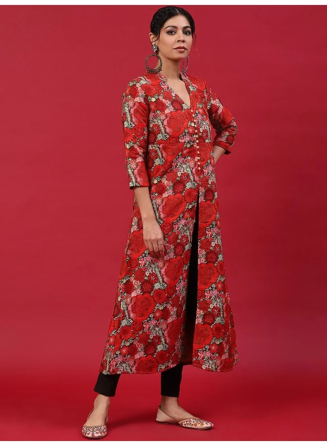 AKS Red Floral Printed A-Line Kurta