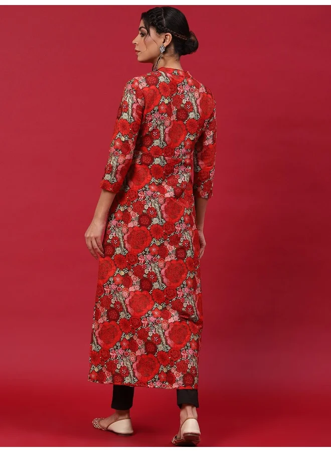 AKS Red Floral Printed A-Line Kurta