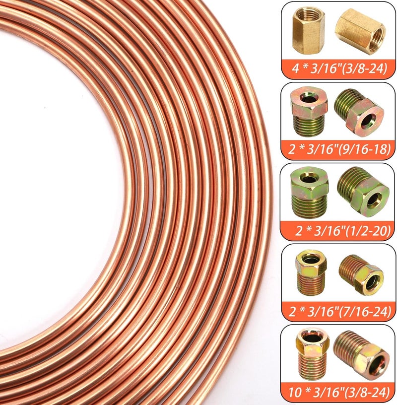 Fasmov 25 ft 3/16" Copper Coated Brake Line Kit, Brake Line Flaring Tool Kit (Includes 16 Fittings and 4 Unions Brake Line Fittings) + Double & Single Flaring Tool Kit - Image 2