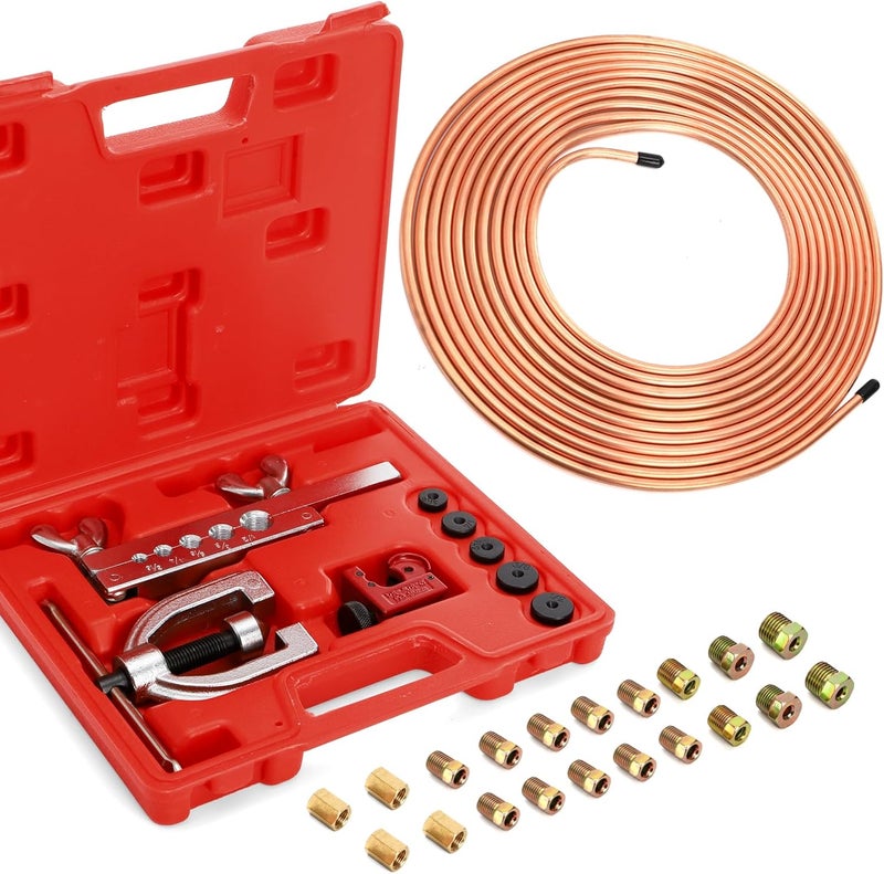 Fasmov 25 ft 3/16" Copper Coated Brake Line Kit, Brake Line Flaring Tool Kit (Includes 16 Fittings and 4 Unions Brake Line Fittings) + Double & Single Flaring Tool Kit - Image 1