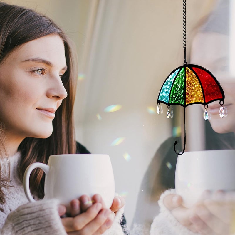 BOXCASA Umbrella Decor Suncatchers for Windows,Stained Glass Suncatchers Crystals Rainbow Umbrella,Handmade Stained Glass Window Crystal Beads Hanging Decor for Home,Living Room Bedroom Kitchen - Image 5