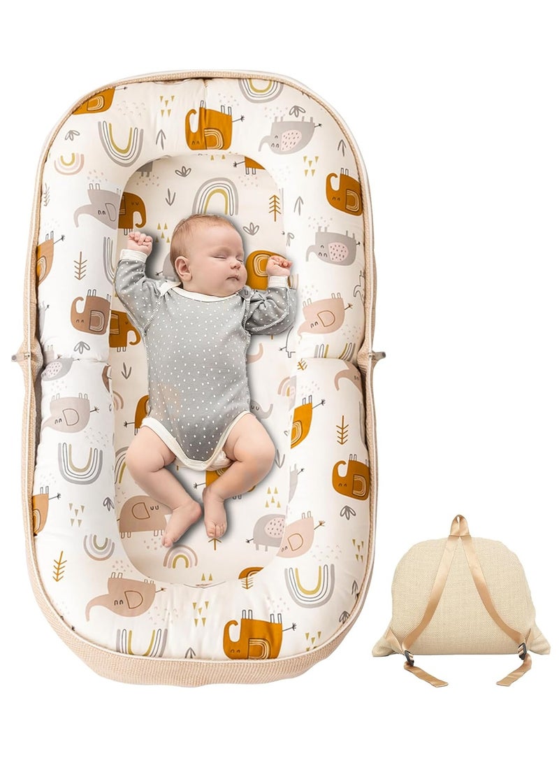 Baby Lounger, Foldable Infant Nest Pillow with Soft Memory Foam Mat, Cover with Adorable Pattern, Converts to Backpack for Easy Travel, 0-12 Months, White - Image 1