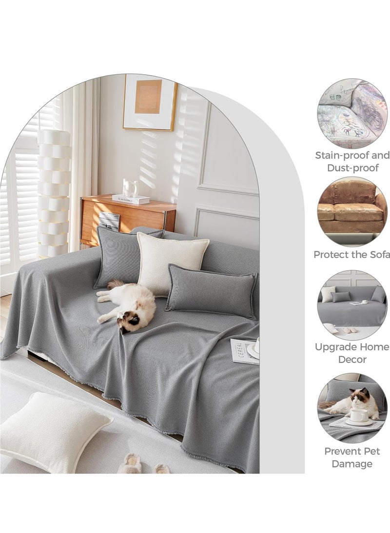 NORHOR Gray Sofa Cover 180×180 cm – Waterproof Anti-Wrinkle Full Coverage Slipcover, Dustproof, Anti-Slip, Anti-Cat Scratching, Teddy Velvet Jacquard with Tassel Edges, Flexible & Durable Couch Protector - Image 2