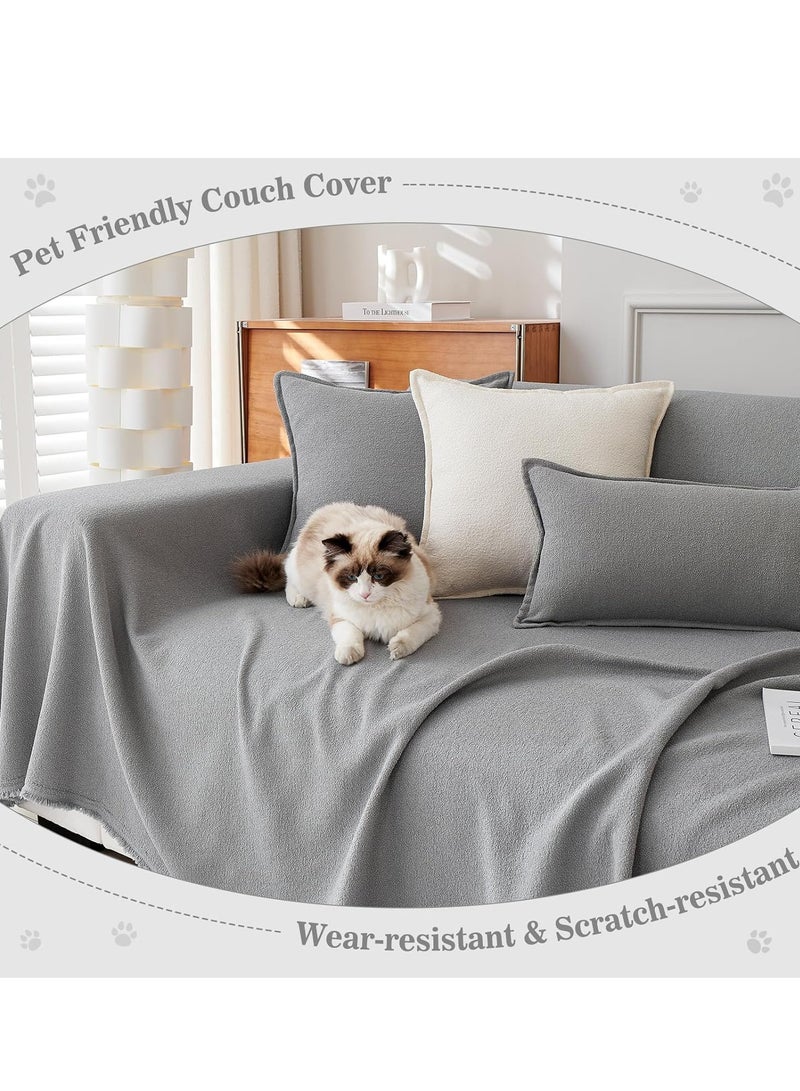 NORHOR Gray Sofa Cover 180×180 cm – Waterproof Anti-Wrinkle Full Coverage Slipcover, Dustproof, Anti-Slip, Anti-Cat Scratching, Teddy Velvet Jacquard with Tassel Edges, Flexible & Durable Couch Protector - Image 3