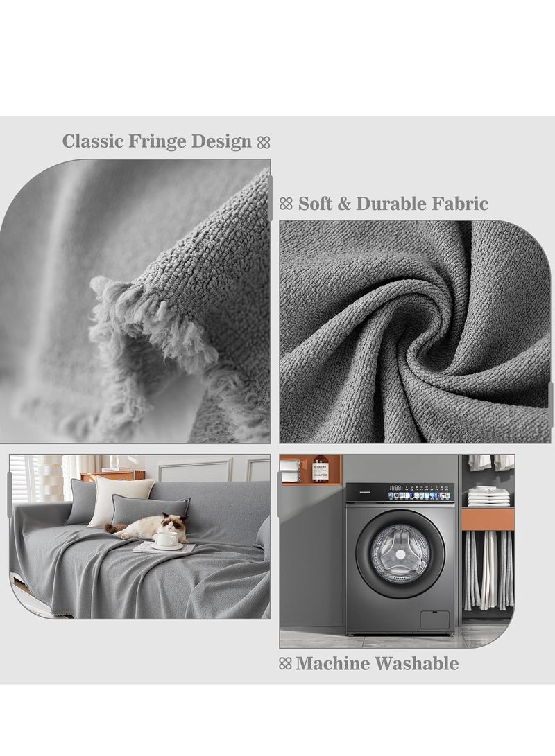 NORHOR Gray Sofa Cover 180×180 cm – Waterproof Anti-Wrinkle Full Coverage Slipcover, Dustproof, Anti-Slip, Anti-Cat Scratching, Teddy Velvet Jacquard with Tassel Edges, Flexible & Durable Couch Protector - Image 5