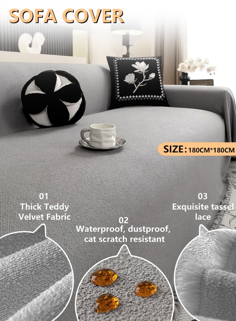NORHOR Gray Sofa Cover 180×180 cm – Waterproof Anti-Wrinkle Full Coverage Slipcover, Dustproof, Anti-Slip, Anti-Cat Scratching, Teddy Velvet Jacquard with Tassel Edges, Flexible & Durable Couch Protector - Image 1