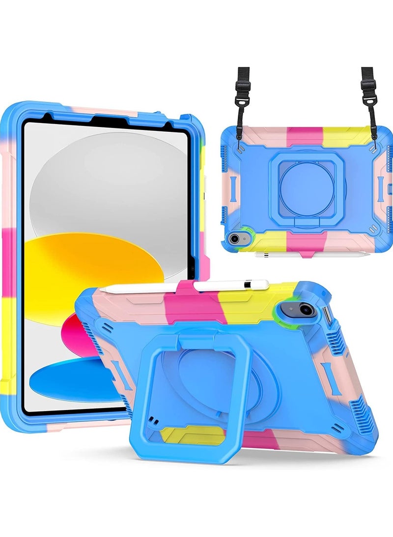 Case for iPad 10th Generation 10.9 inch 2022, Heavy Duty Hybrid Shockproof 360°Swivel Kickstand Anti Scratch Durable Protective Kids Case with Pencil Holder Shoulder Strap Case (Colorful3) - Image 1