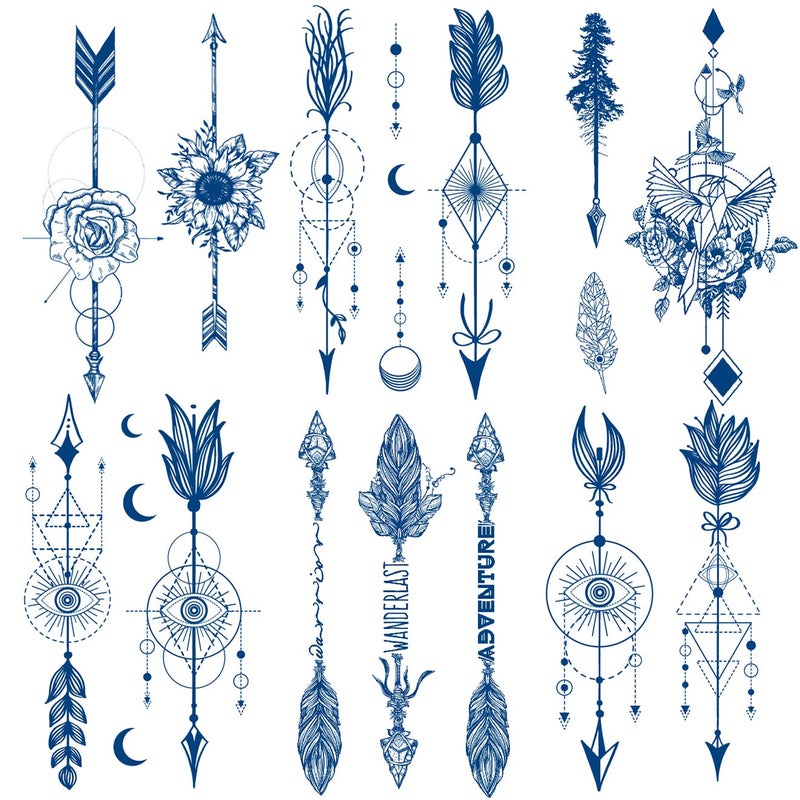 Oottati 6 Sheets Semi Permanent Fake Waterproof Arm Temporary Tattoo Stickers Long Lasts 1-2 Weeks, Geometry Arrow Flower Bird Feather Moon Eye, Realistic Appearance Natural Fading