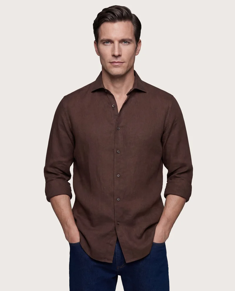 كاميتشسما Trendy Brown Linen Slim Comfort Shirt