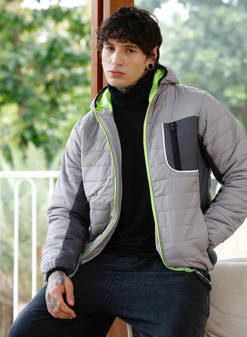 Men's Panel-Block-Quilt Puffer Jacket | Hooded Neck , Long Cuffed Sleeves , Zipper Closure , Straight Hem | Colourblock Woven Quilted For Casual & Daily | Coin Grey