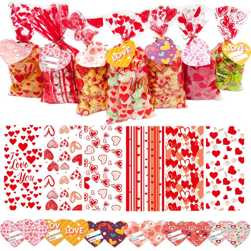 JQAQJU 150 PCS Valentine Gift Bags Valentines Cellophane Treat Bags Bulk for Holiday Goodie Candy With 36 PCS Gift Tags & 200 PCS Twist Ties for Valentines Party - Image 1