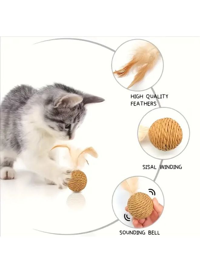 دمية قطط من السيزال البني مع جرس، كرة متدحرجة تفاعلية للعب في الداخل والخارج - Image 2