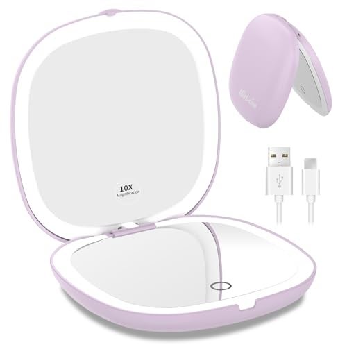 WOBSION Rechargeable Lighted Travel Makeup Mirror,1x/10x Compact Magnifying Mirror with Lights,Portable for Bag,4inch,Gift,Purple - Image 1