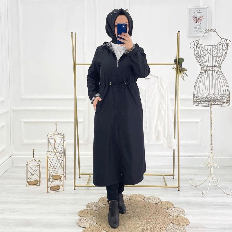 Vibeys Collection Black Striped and Self-Lined Waterproof Women's Trench Coat - Image 1
