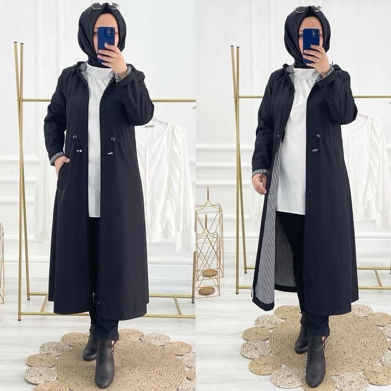 Vibeys Collection Black Striped and Self-Lined Waterproof Women's Trench Coat - Image 2