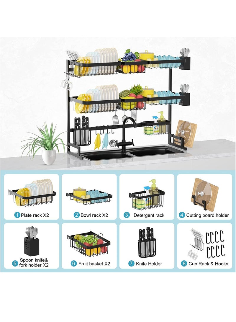 DubaiGallery حامل تجفيف الأطباق ذو 3 طبقات فوق الحوض - منظم مطبخ مدمج وموفر لمساحة التخزين ذو 3 مستويات لحوض المطبخ - مصفاة أطباق وحامل أدوات (فولاذ مقاوم للصدأ، حامل أطباق أسود) - Image 3