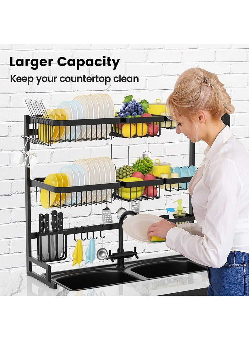 DubaiGallery حامل تجفيف الأطباق ذو 3 طبقات فوق الحوض - منظم مطبخ مدمج وموفر لمساحة التخزين ذو 3 مستويات لحوض المطبخ - مصفاة أطباق وحامل أدوات (فولاذ مقاوم للصدأ، حامل أطباق أسود) - Image 2