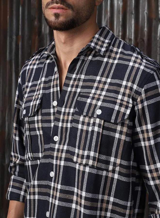 HIGH STAR Men Releaxed Fit Tartan Checks Textured Checked Utility Casual Shirt