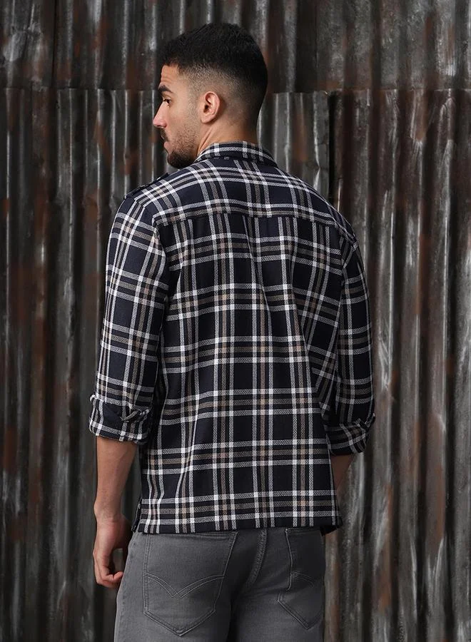 HIGH STAR Men Releaxed Fit Tartan Checks Textured Checked Utility Casual Shirt