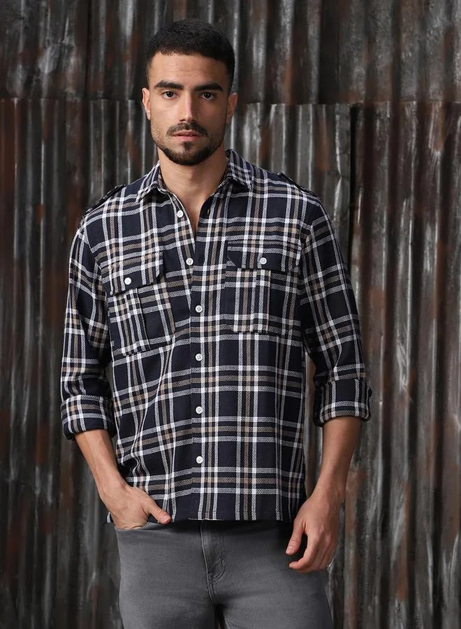 HIGH STAR Men Releaxed Fit Tartan Checks Textured Checked Utility Casual Shirt