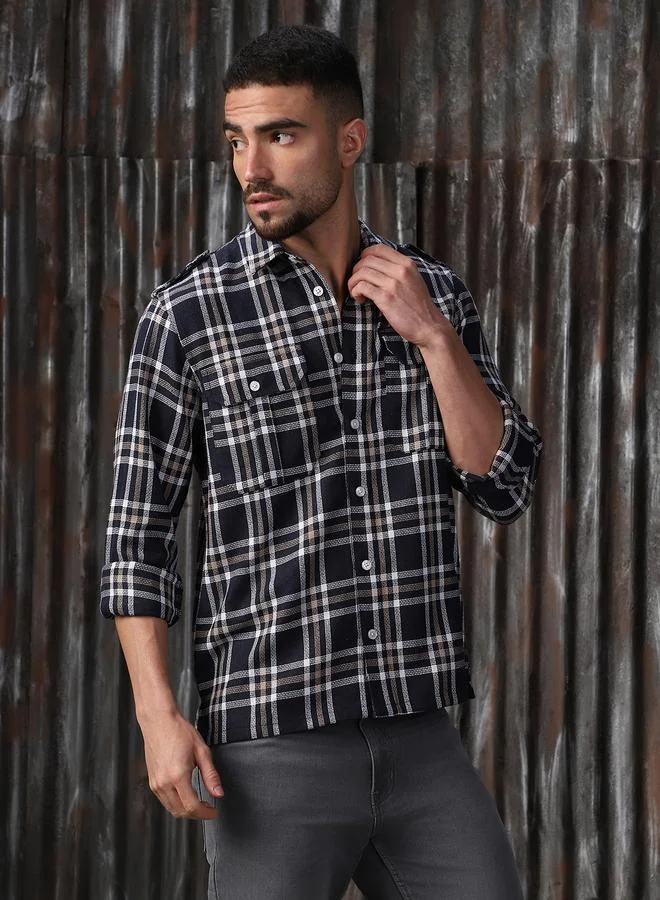 HIGH STAR Men Releaxed Fit Tartan Checks Textured Checked Utility Casual Shirt