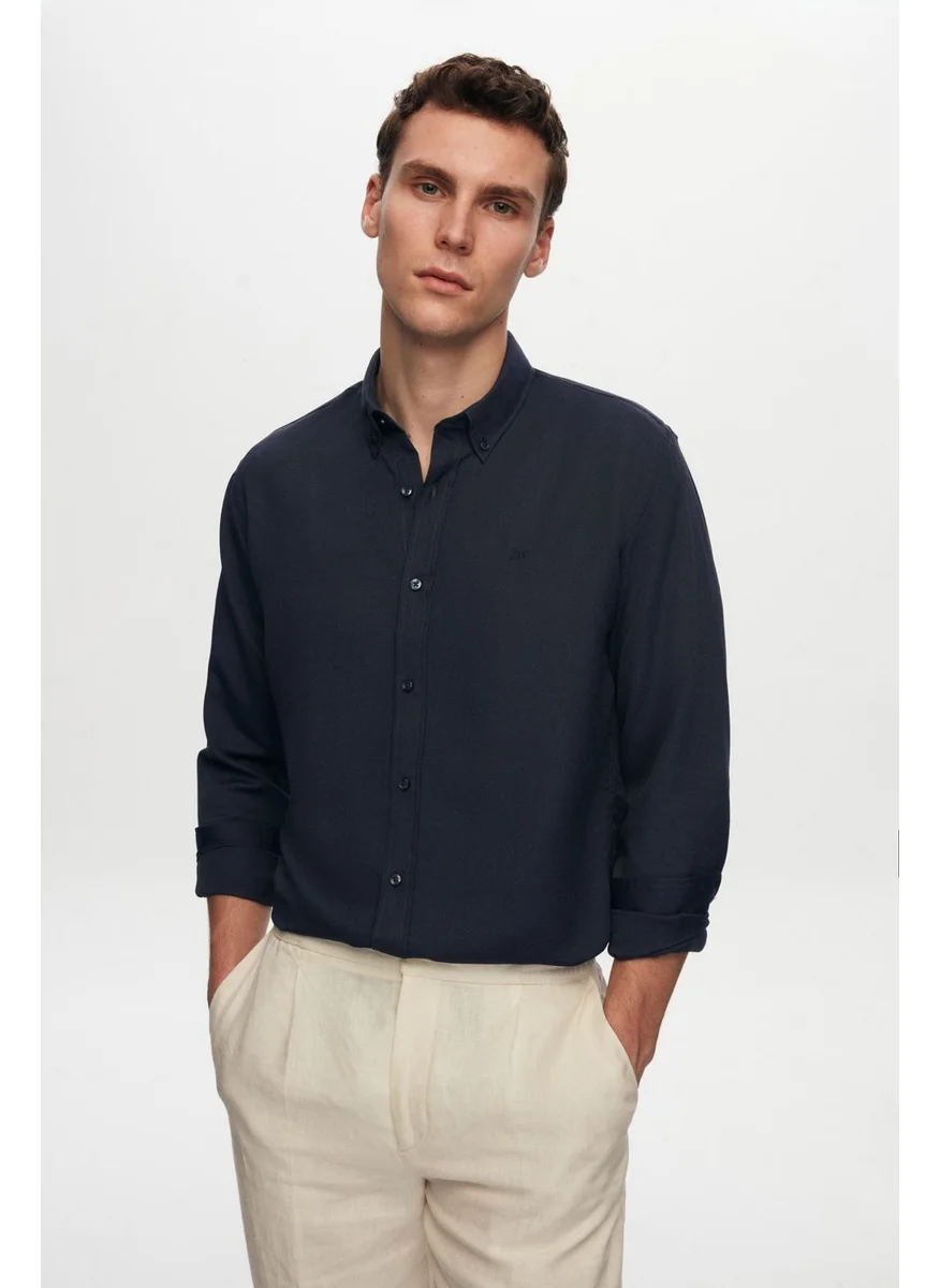 D'S DAMAT Slim Fit Navy Blue Oxford Button-down Collar Easy Ironable Embroidered Detailed Cotton Shirt 4HC02ORT03265