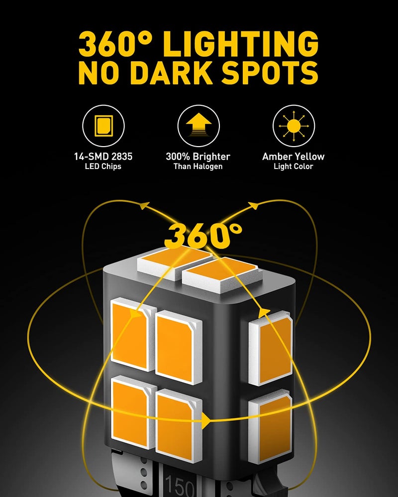 AUXITO 194 LED Light Bulb Amber Yellow 168 2825 W5W T10 Wedge 14-SMD LED Replacement Bulbs for Car Dome Map Door Courtesy License Plate Lights, Pack of 10 - Image 2