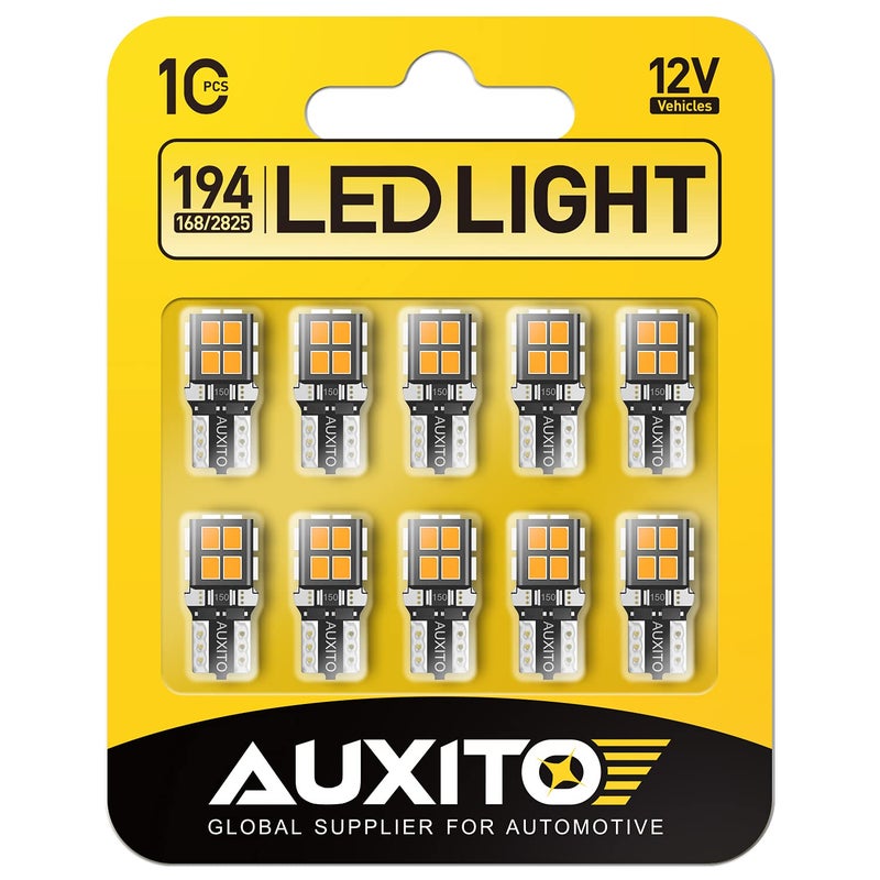 AUXITO 194 LED Light Bulb Amber Yellow 168 2825 W5W T10 Wedge 14-SMD LED Replacement Bulbs for Car Dome Map Door Courtesy License Plate Lights, Pack of 10 - Image 1