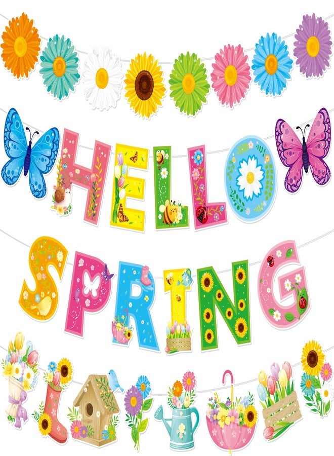 هواف لافتة "مرحباً بالربيع" من HOWAF، 4 قطع من زينة لافتات الربيع، إكليل من الزهور المتفتحة، مثالية لحفلات استقبال الربيع، وحفلات أعياد الميلاد، وعيد الفصح، وراية مزدوجة الجوانب. - Image 1