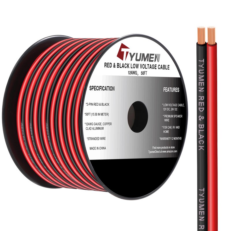 TYUMEN 12 Gauge Wire 50FT, 12 AWG Red Black Hookup Electrical Wire LED Strips Extension Cord 12V/24V DC Cable, 12AWG 2 Conductors Flexible Wire for in-Home, Autos, Schools use - Image 1