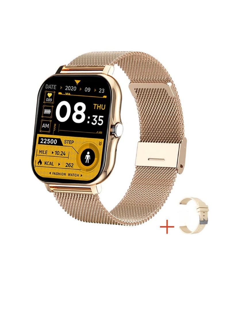 Smart Watch, Fitness Watch With Heart Rate Sleep Monitor, Amoled Display Magnetic Charging Smart Bracelet, Waterproof Comfortable Smart Wrist Watch, (1pc, Golden, Steel Mesh Strap Plus Rubber Strap) - Image 1