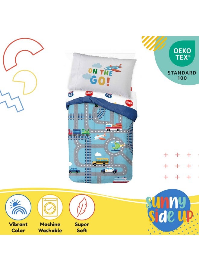 Sunny Side Up طقم لحاف للأطفال على الجانب المشمس - 4 قطع من أغطية السرير لرياض الأطفال تشمل لحاف، شراشف وغطاء وسادة - طقم سرير ميكروفايبر ناعم للغاية بتصميم مركبات - Image 4