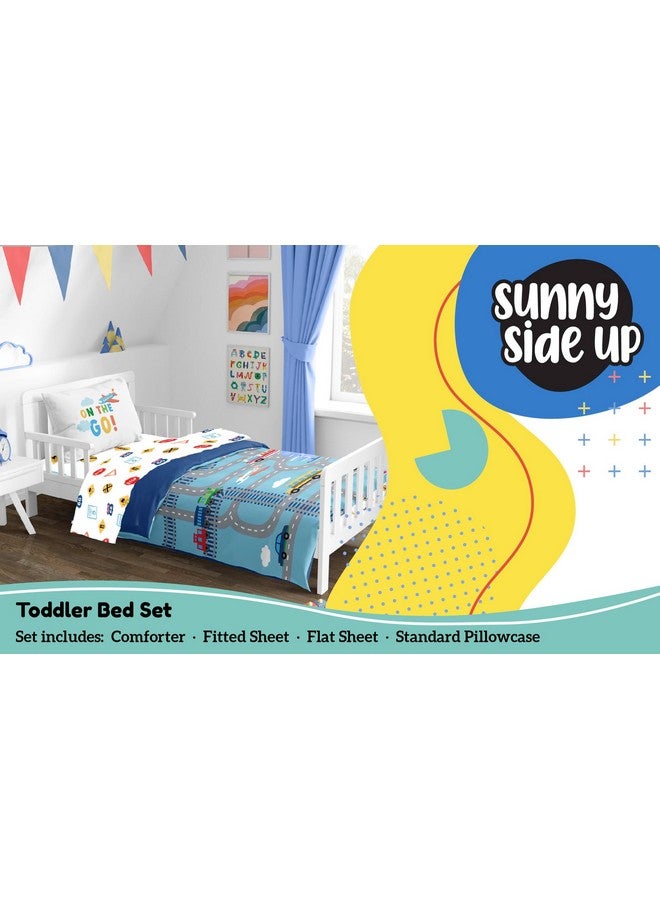 Sunny Side Up طقم لحاف للأطفال على الجانب المشمس - 4 قطع من أغطية السرير لرياض الأطفال تشمل لحاف، شراشف وغطاء وسادة - طقم سرير ميكروفايبر ناعم للغاية بتصميم مركبات - Image 2